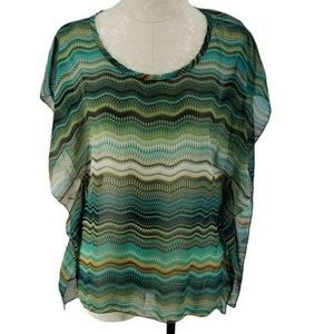 Body Central Women's 90's Sheer Green Chevron Printed Blouse Size Small‎